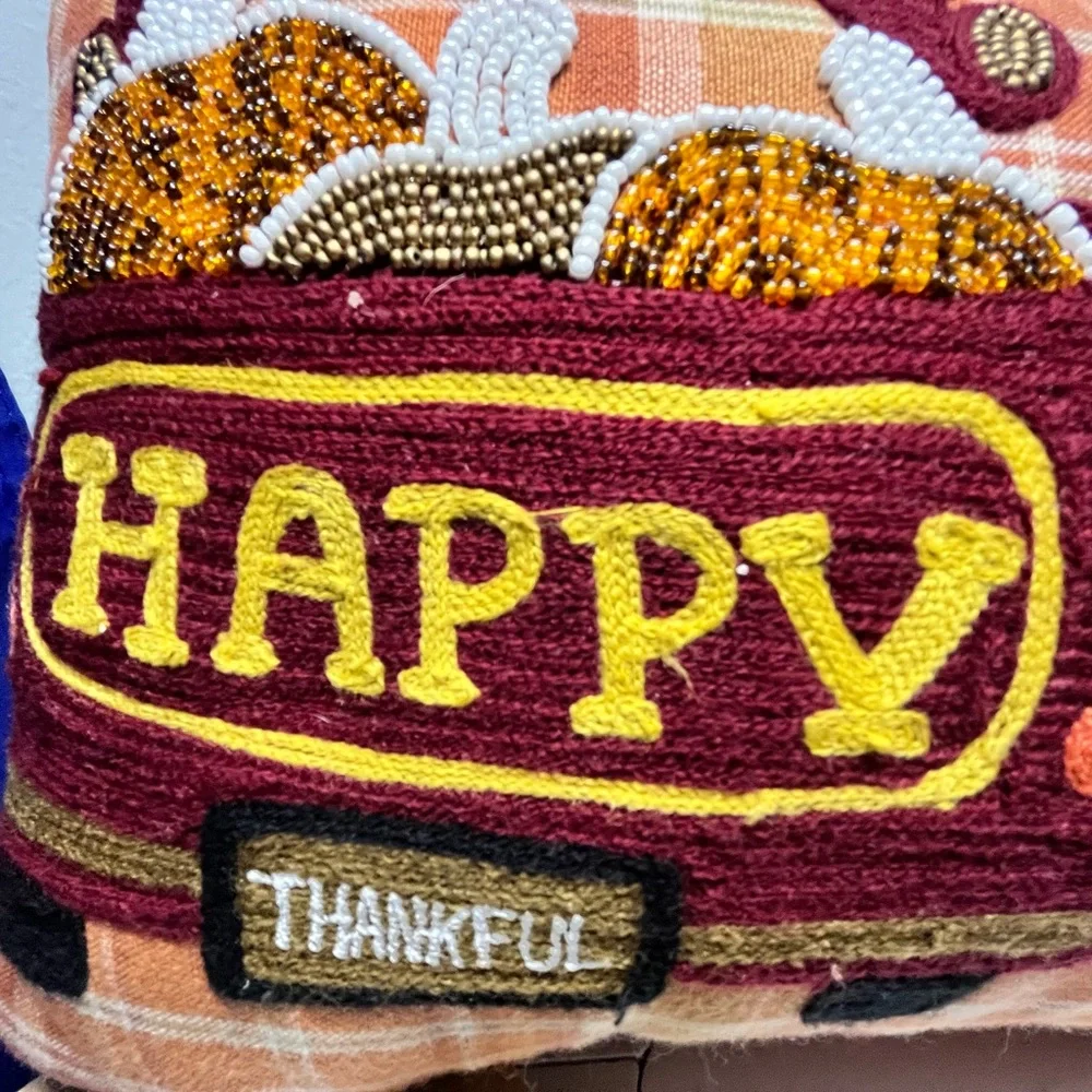 Plaid Harvest/Autumn/Fall Pillow with Embroidered Trucks/Beaded Pumpkins euc